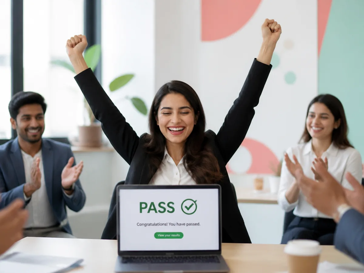 Cartoon student celebrating with a certificate after passing a computer-based exam